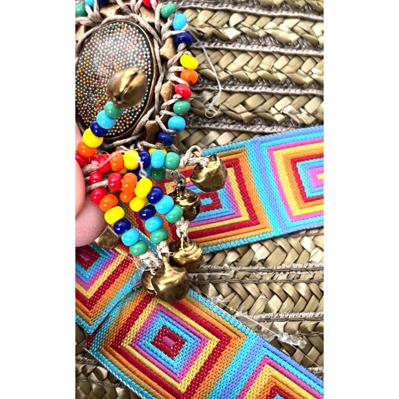 ERIC JAVITS Straw Sun Hat Boho Beaded Bucket Cloche USA Women’s Resort Rainbow - Picture 5 of 10